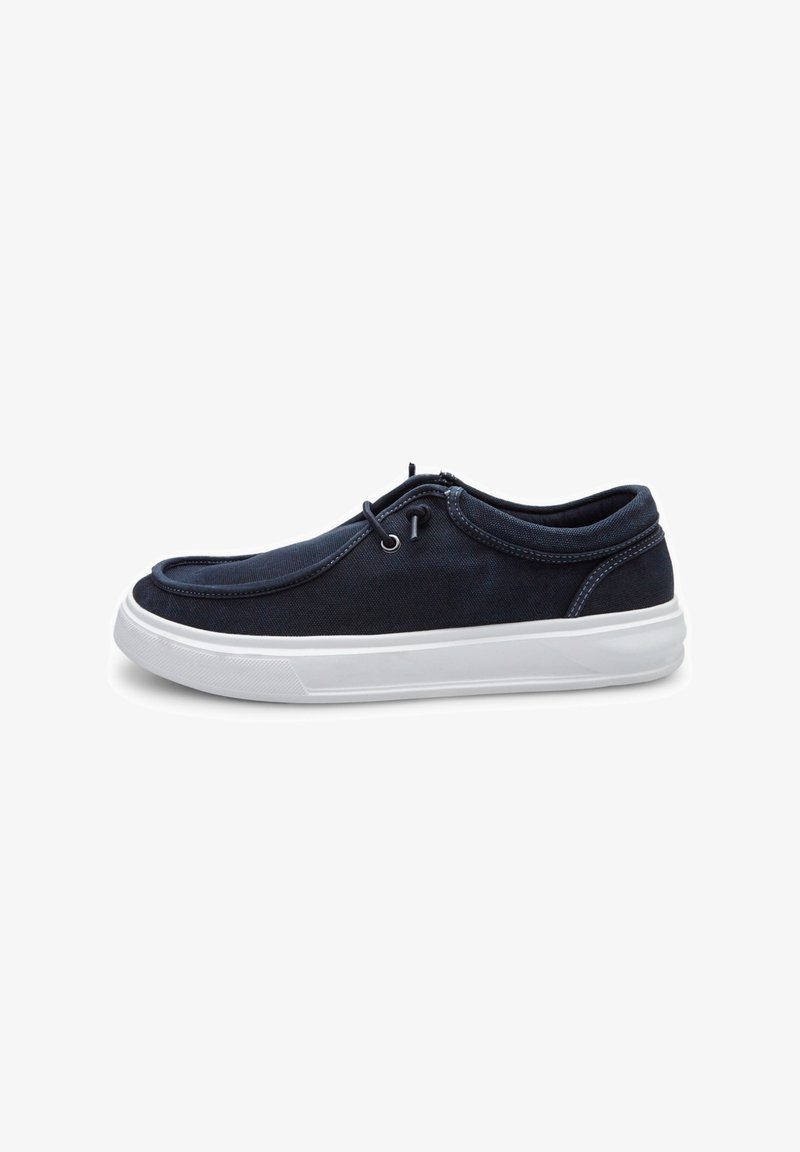 Tumesinine kanvas tossud valge kummiseguga, ümarate varvaste, lapikute paelte ja õmblustega. Madala profiiliga disain, sile tekstuur.