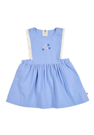 Light blue baby dress with floral embroidery on chest, lace trim along armholes, and snap button closures at shoulders.