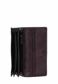 Portefeuille en cuir violet foncé à surface texturée, doté de plusieurs emplacements pour cartes, d'un compartiment zippé et d'une fermeture à bouton-pression.