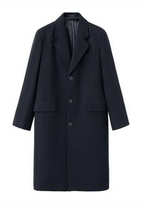 Cappotto in lana blu navy con colletto a punte, design monopetto e due tasche frontali. Tessuto con texture e chiusura a bottoni.