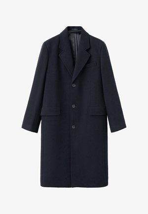 Palton din lână bleumarin cu guler încrețit, design cu un singur rând de nasturi și două buzunare frontale. Material texturat cu închidere cu nasturi.