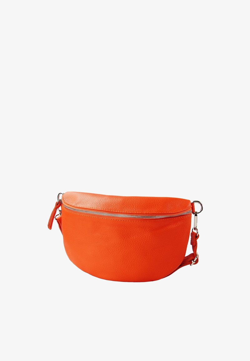 Orange leather crossbody bag with a rounded shape, zip closure, and adjustable strap. Textured surface with a smooth finish.