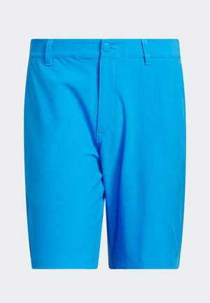 Pantalones cortos azules fabricados con un material ligero, con parte frontal plana, cierre con botón y bolsillos laterales; textura suave y diseño hasta la rodilla.