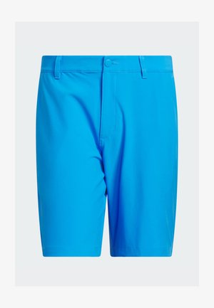 Pantalones cortos azules fabricados con un material ligero, con parte frontal plana, cierre con botón y bolsillos laterales; textura suave y diseño hasta la rodilla.