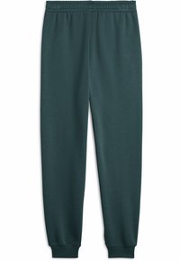 Dark green sweatpants made of soft fabric, featuring an elastic waistband and ribbed cuffs. Simple design with no visible patterns or accents.