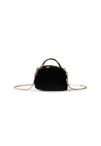 Black velvet handbag with a rounded shape, gold hardware, and a short handle, featuring a detachable chain strap for versatility.