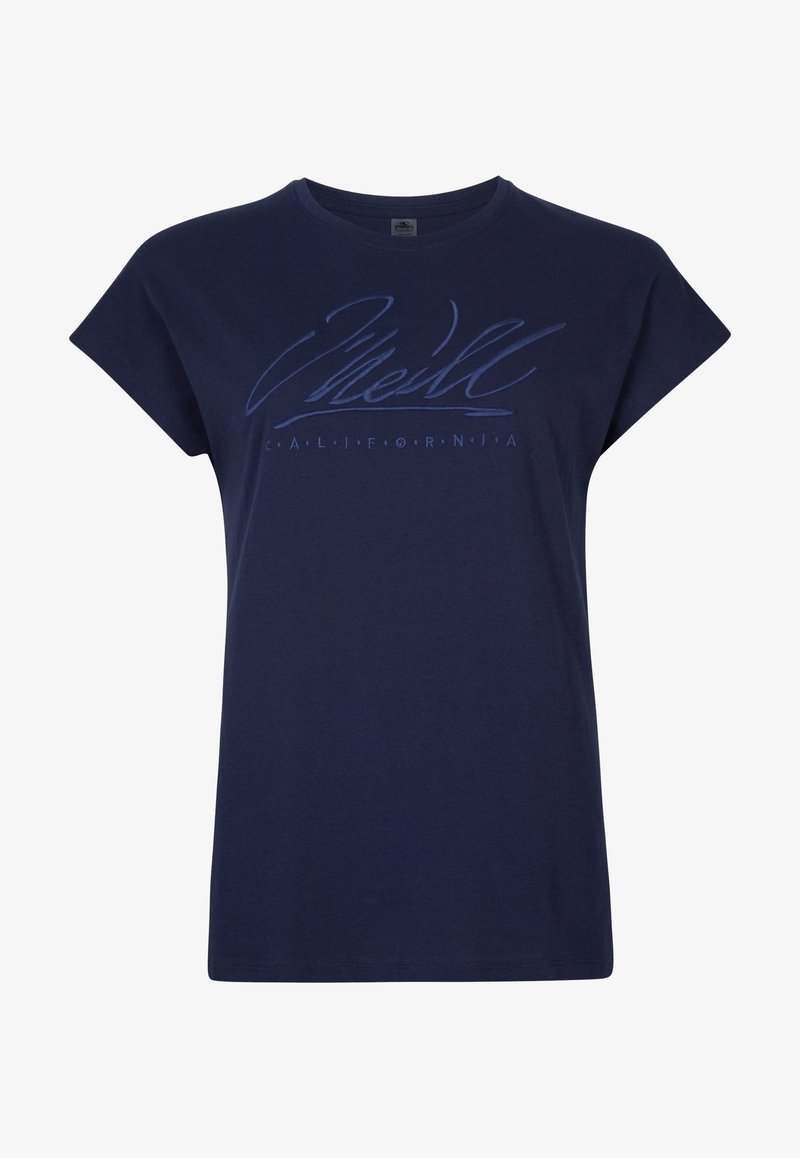 Tmavě modré tričko s krátkým rukávem a přiléhavým střihem, s nápisem "O'Neill California" ve stylizovaném písmu přes hrudník.