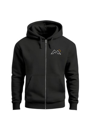 Schwarzer Reißverschluss-Hoodie aus weichem Material, mit einer Vordertasche, Kapuze mit Kordelzug und einem Berg-Logo in Weiß und Orange auf der Brust.