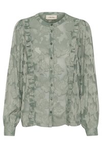 Green sheer blouse featuring floral embroidery, ruffle detailing along the front, long sleeves, and button closure.