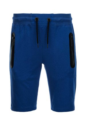 Blaue Sportshorts aus Mischgewebe, mit einem elastischen Bund und Zugband, sowie zwei mit Reißverschluss versehenen Seitentaschen.