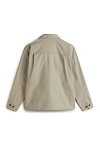 Beige long-sleeve shirt with a collar, button cuffs, and a plain back. Made of soft fabric with a smooth texture and minimal design details.