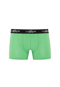 Green boxer shorts made of soft material with a black waistband featuring the word "LONDON" in gray lettering, mid-thigh length.