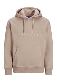 Sudadera beige con bolsillo canguro, capucha con cordón y la palabra "ORIGINALS" impresa en blanco en el pecho. Material de suave mezcla de algodón.