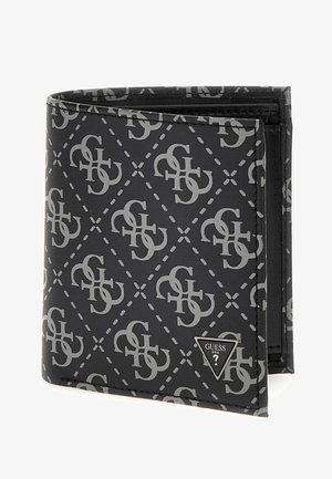Bi-fold wallet made of black synthetic material with gray logo pattern, featuring a triangular Guess logo accent and textured surface.
