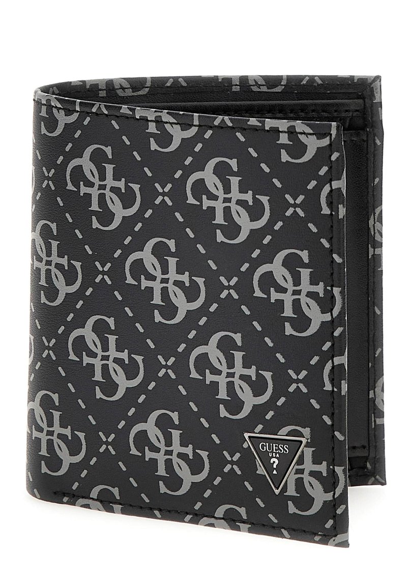 Melnā nauda maku ar pelēku monogrammu rakstu, ar trīsstūra sudraba logotipa akcentu. Izgatavots no gludas sintētiskas vielas, divdaļīgā dizainā.