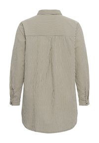 Long-sleeve shirt with vertical beige and white stripes, buttoned cuffs, and yoke detail, shown from the back.