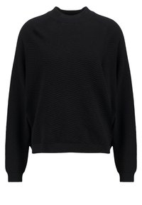 Pull noir avec un col montant, des manches longues et un motif zigzag texturé. Présente une coupe ample ainsi que des poignets et un ourlet côtelés.