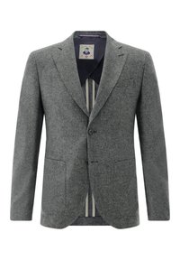 Gray wool blazer featuring a notched lapel, two buttons, and two front pockets. Interior lining with vertical stripes and a label visible.