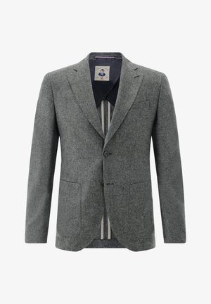 Gray wool blazer featuring a notched lapel, two buttons, and two front pockets. Interior lining with vertical stripes and a label visible.