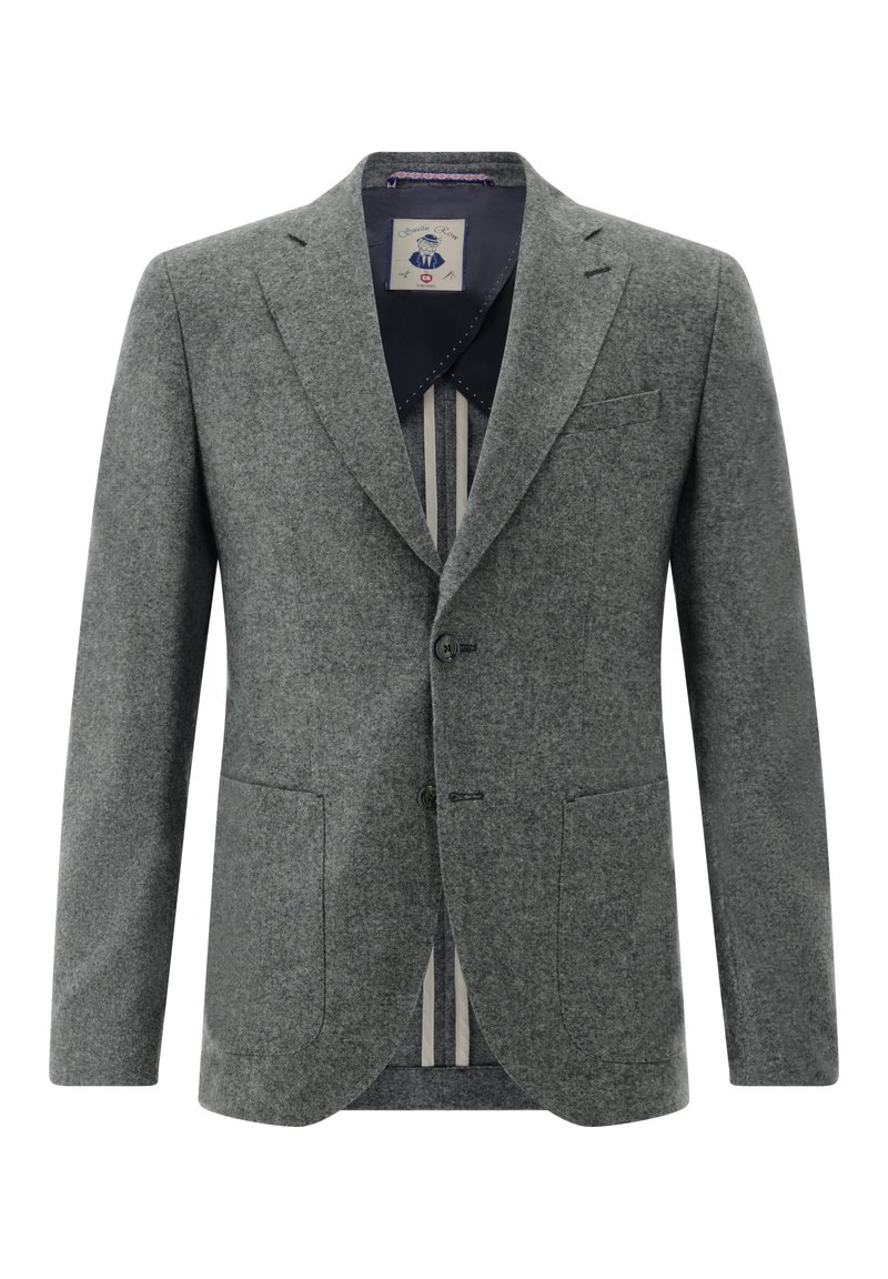 Gray wool blazer featuring a notched lapel, two buttons, and two front pockets. Interior lining with vertical stripes and a label visible.