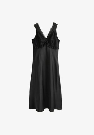 Czarna nocna koszula z koronkowymi akcentami przy dekolcie w serek i ramiączkach, charakteryzująca się gładkim, lekkim materiałem, który luźno opada na sylwetkę.