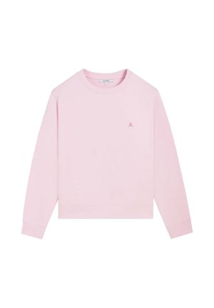 Sudadera rosa claro de manga larga con cuello redondo, puños y dobladillo acanalados, con un pequeño logo de calavera en el pecho izquierdo.