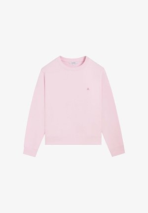 Lichtroze sweatshirt met lange mouwen en ronde hals, voorzien van geribbelde manchetten en zoom, met een klein schedellogo op de linkerborst.
