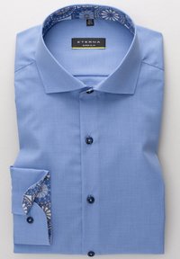 Light blue slim-fit dress shirt with fine check pattern, floral inner collar and cuff lining, buttoned front and single-button cuff.