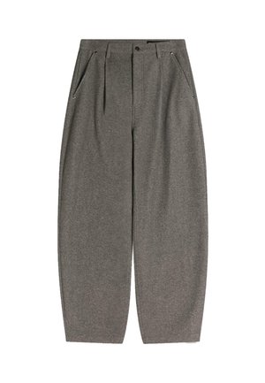 Pantaloni in misto lana grigi con vestibilità rilassata, caratterizzati da due tasche anteriori e una zip. Il design include dettagli plissettati.