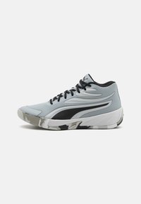 Light grey high-top sneakers with black accents, textured upper, cushioned sole, and a camo-patterned outsole. Features lace-up design.