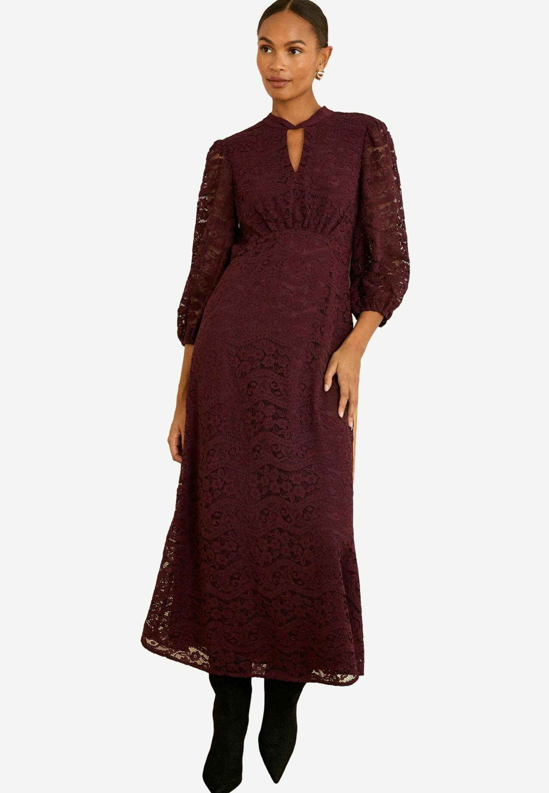 little burgundy dress Burgundy Lace Satin Maxi Dress – self-portrait-US