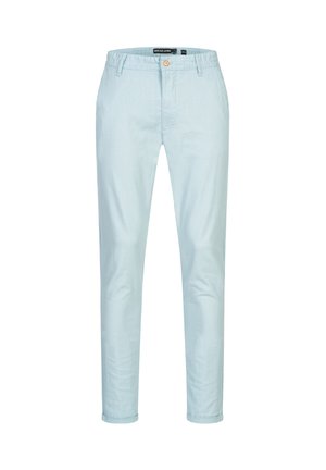 Jasnoniebieskie spodnie dopasowane wykonane z miękkiego materiału, z zapięciem na guzik i slim fit. Rękawy są starannie podwinięte dla schludnego wykończenia.