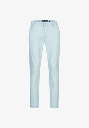 Helleblaue, maßgeschneiderte Hose aus weichem Stoff, mit Knopfverschluss und schmaler Passform. Die Säume sind ordentlich hochgekrempelt für einen sauberen Finish.