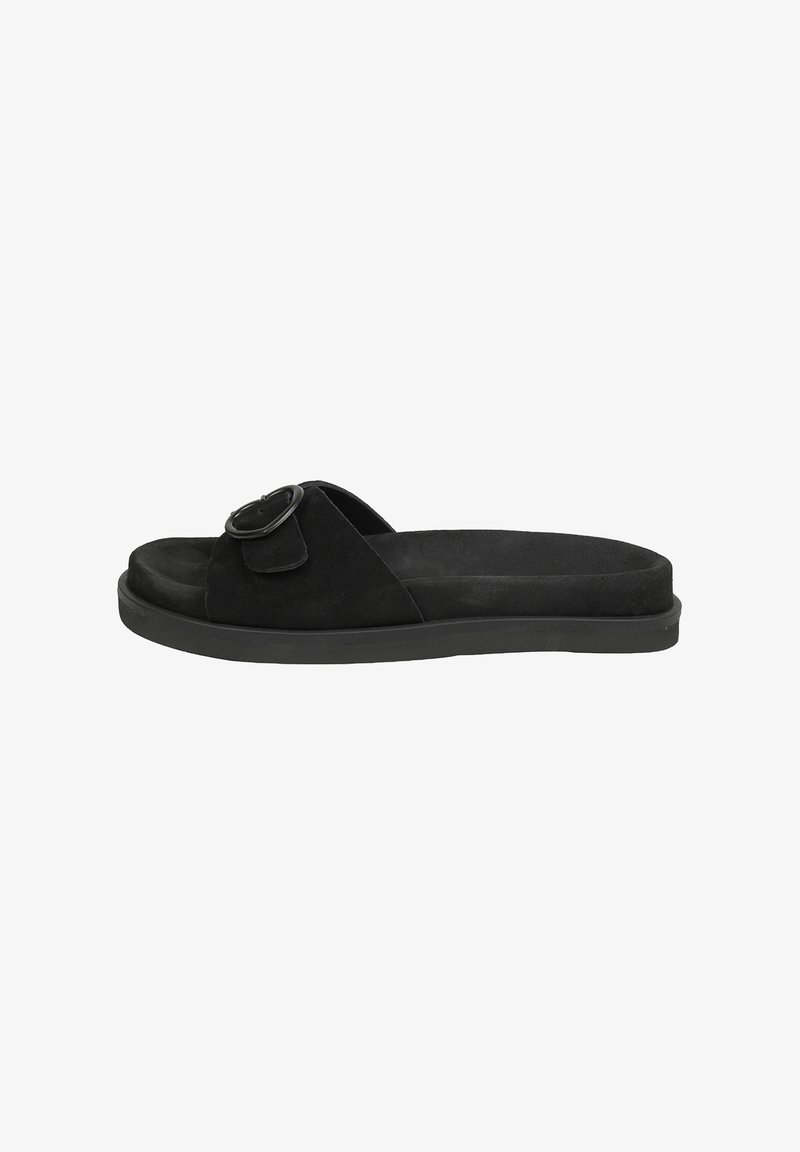 Sorte ruskind slip-on sandal med en bred rem og cirkulær dekoration. Flad gummisål; minimalistisk design med en glat overflade.