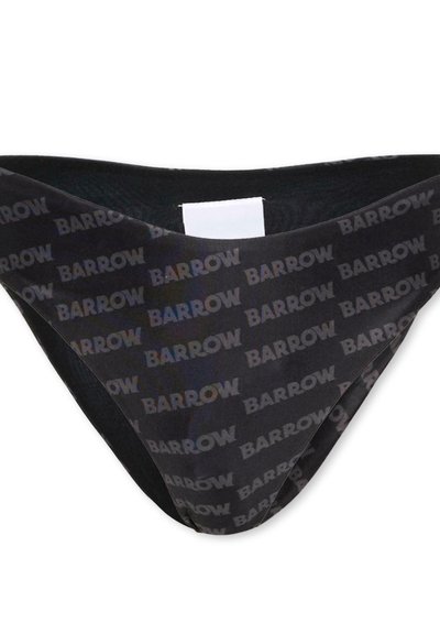 Bas de bikini noir avec un motif répétitif de texte "BARROW" en gris et une petite étiquette blanche à l'arrière de la ceinture.