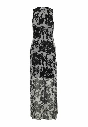 Rochie lungă, fără mâneci, neagră și gri, cu model abstract asemănător petelor de cerneală și secțiune transparentă în partea inferioară a fustei.