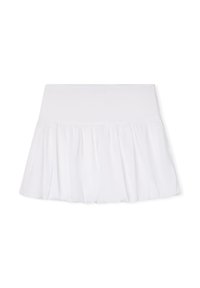 Gonna mini bianca a vita alta con una fascia ampia e pieghe arricciate che creano una silhouette svasata.