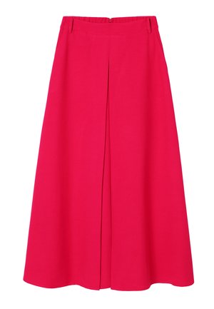 Bright pink midi skirt with a high waist, front center pleat, side pockets, and belt loops, shown flat on a white background.