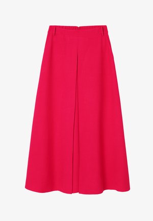 Bright pink midi skirt with a high waist, front center pleat, side pockets, and belt loops, shown flat on a white background.