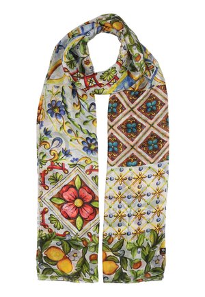 Bunter Schal mit floralen, geometrischen und Fruchtmustern in Rot, Blau, Grün, Gelb und Orange auf weißem Hintergrund.