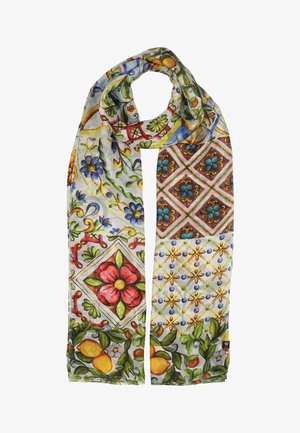 Bunter Schal mit floralen, geometrischen und Fruchtmustern in Rot, Blau, Grün, Gelb und Orange auf weißem Hintergrund.