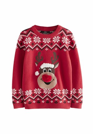 Pull rouge avec un design de visage de renne, un nez rouge pelucheux, un chapeau blanc et des motifs de flocons de neige en noir et blanc sur l'ourlet.
