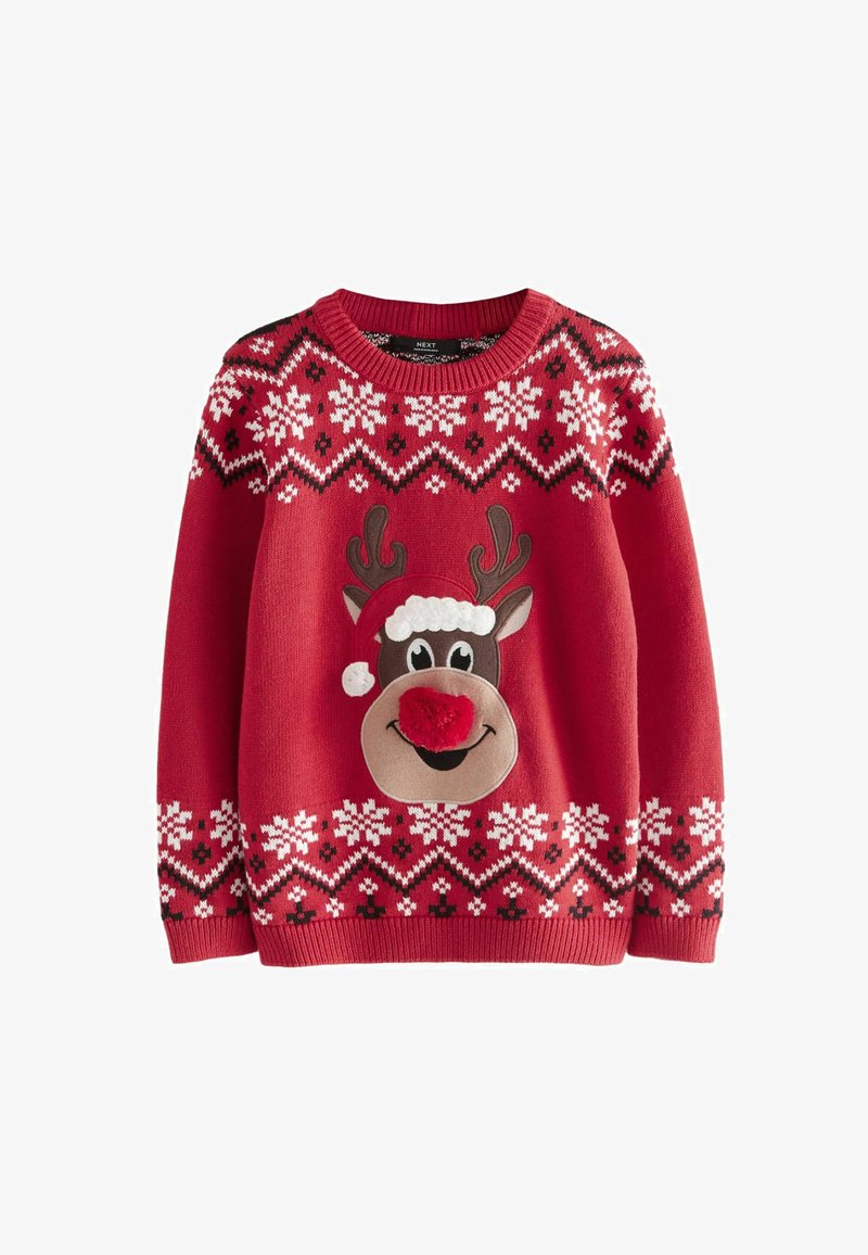 Red sweater featuring a reindeer face design with a fuzzy red nose, white hat, and snowflake patterns in black and white on the hem.
