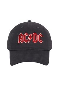 Black cotton cap with a curved brim, featuring red embroidered "AC/DC" logo with a lightning bolt, and six ventilation holes.
