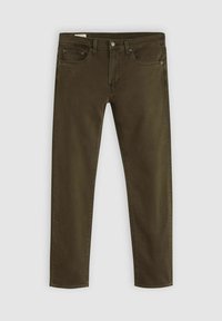 Ciemnooliwkowe slim-fit spodnie z przednimi i tylnymi kieszeniami, szlufkami na pasek oraz zapięciem na guzik w talii.