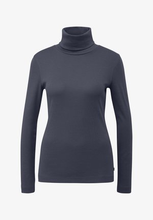 Tamsiai mėlynas megztinis su aukštu kaklu, pagamintas iš lygaus audinio, turintis ilgomis rankovėmis ir prigludusį dizainą su subtilia griovelių tekstūra.