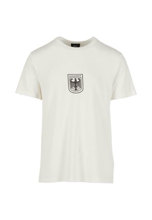 White cotton t-shirt featuring a black Bundeswehr logo on a chest patch. Standard crew neck and short sleeves. Soft texture.