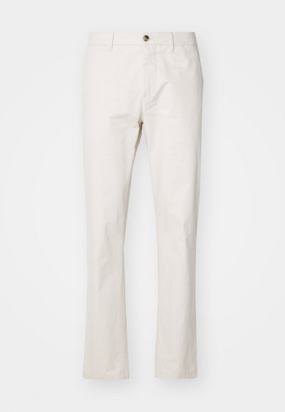 Beige cotton blend trousers with a straight cut, featuring a front button closure, belt loops, and minimalistic design. Smooth texture.