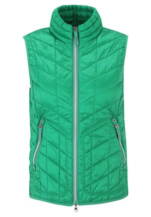 Gilet sans manches, matelassé, de couleur verte, avec un col montant, une fermeture éclair à l'avant et deux poches zippées sur les côtés, arborant un motif en losange.