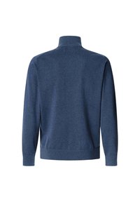 Maglione blu navy con colletto alto, polsini e orlo a coste. Realizzato in morbido tessuto testurizzato con un design semplice e pulito. Vista posteriore.